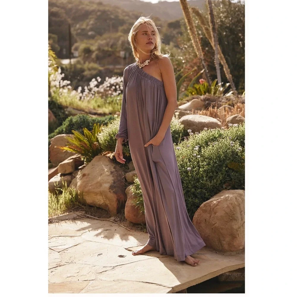 Free People Women M Sunday Stroll Jumper Purple Taupe One Shoulder Wide Leg NWT